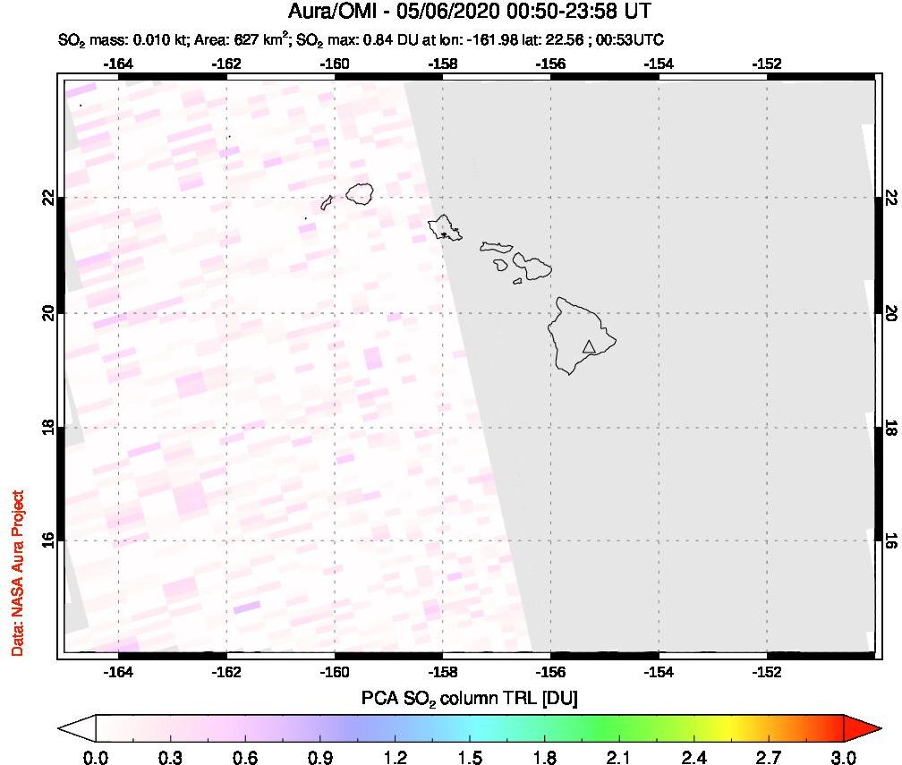 A sulfur dioxide image over Hawaii, USA on May 06, 2020.