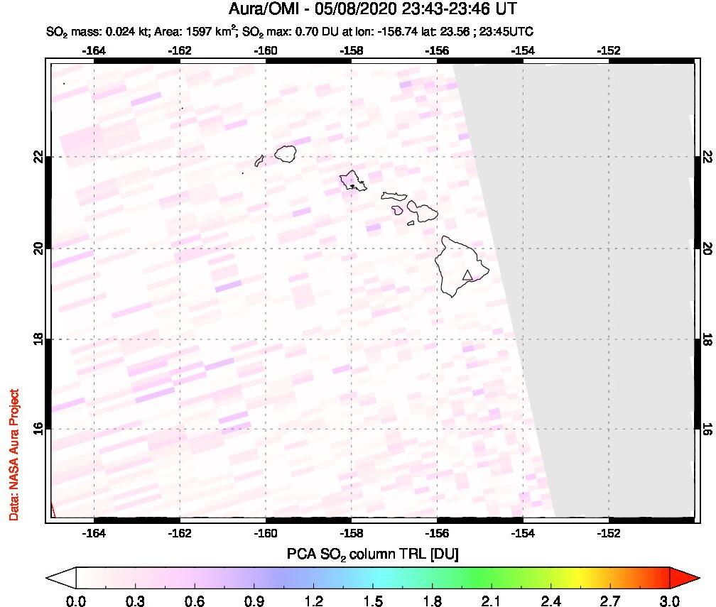 A sulfur dioxide image over Hawaii, USA on May 08, 2020.