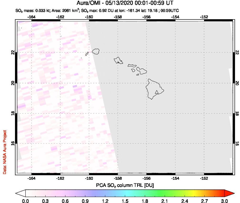A sulfur dioxide image over Hawaii, USA on May 13, 2020.