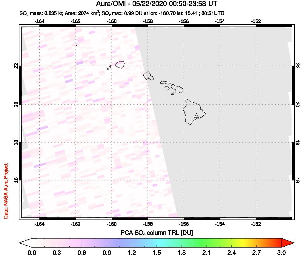 A sulfur dioxide image over Hawaii, USA on May 22, 2020.