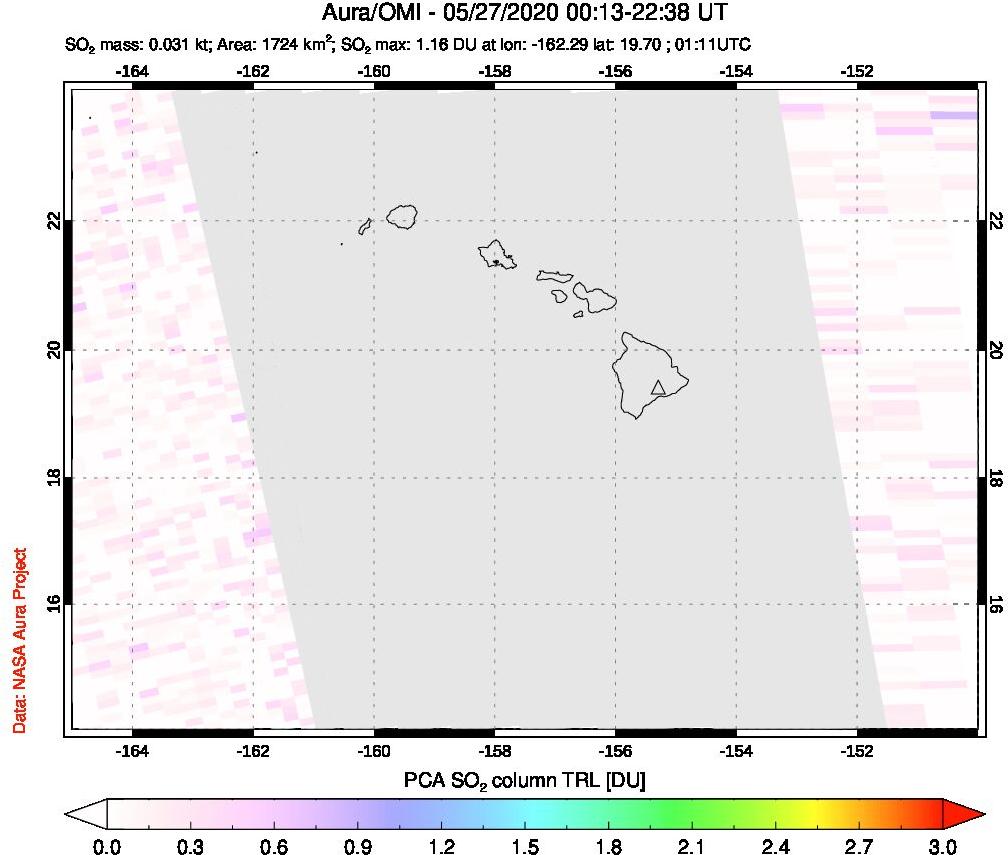 A sulfur dioxide image over Hawaii, USA on May 27, 2020.