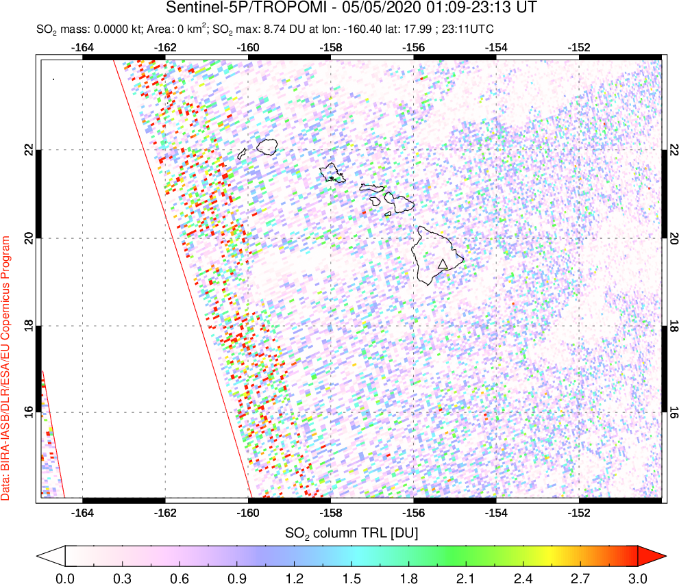 A sulfur dioxide image over Hawaii, USA on May 05, 2020.