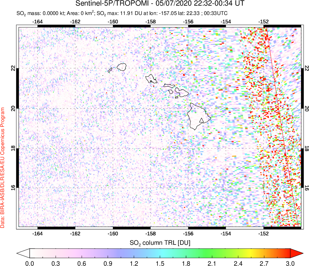 A sulfur dioxide image over Hawaii, USA on May 07, 2020.
