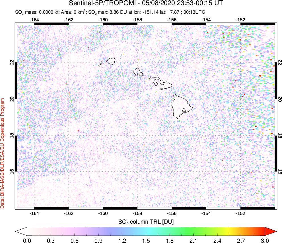 A sulfur dioxide image over Hawaii, USA on May 08, 2020.