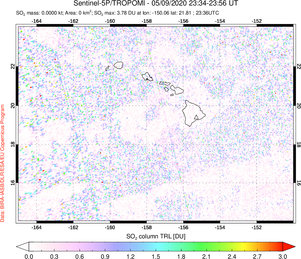 A sulfur dioxide image over Hawaii, USA on May 09, 2020.