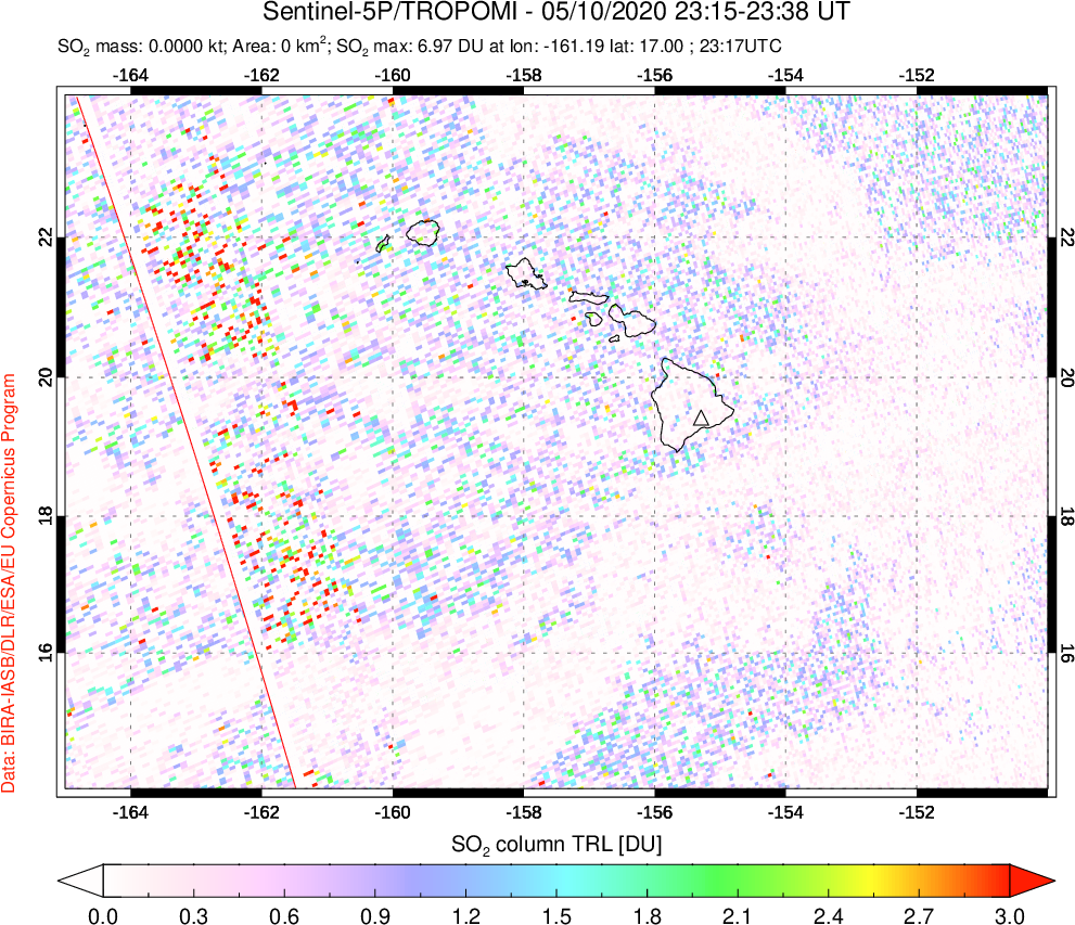 A sulfur dioxide image over Hawaii, USA on May 10, 2020.