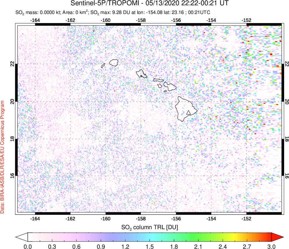 A sulfur dioxide image over Hawaii, USA on May 13, 2020.