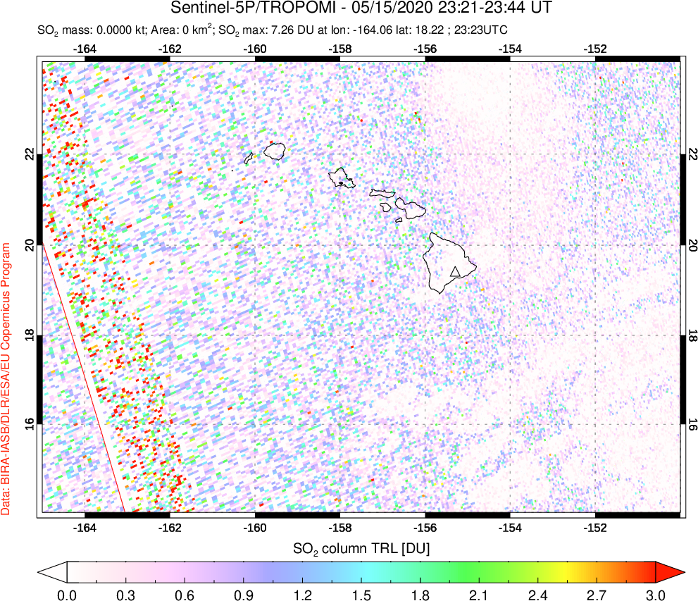 A sulfur dioxide image over Hawaii, USA on May 15, 2020.