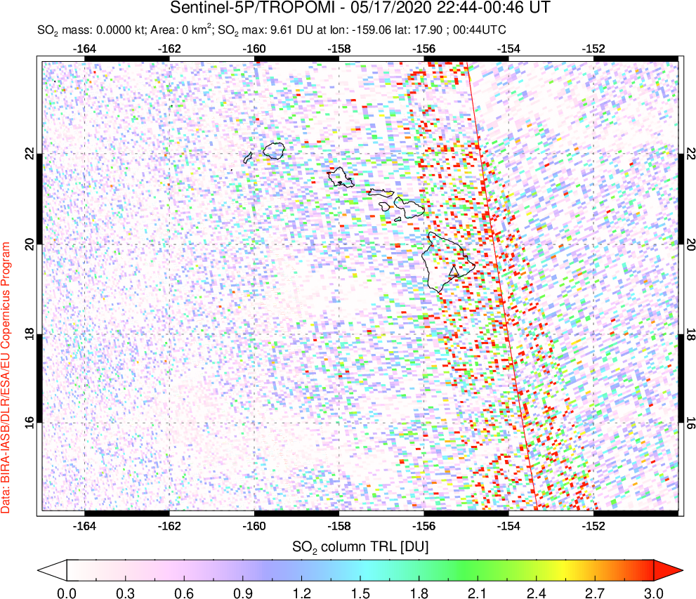 A sulfur dioxide image over Hawaii, USA on May 17, 2020.