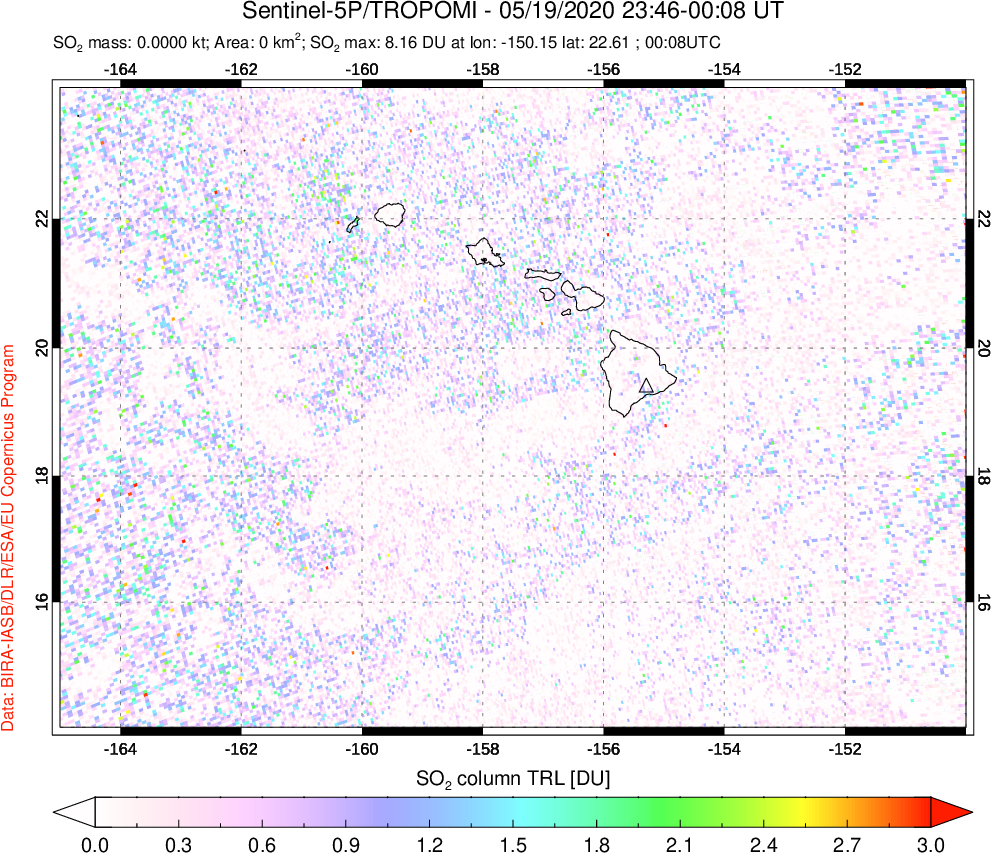 A sulfur dioxide image over Hawaii, USA on May 19, 2020.