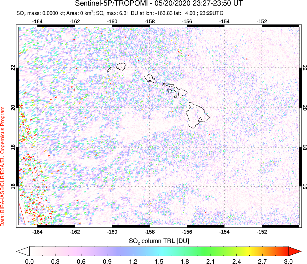 A sulfur dioxide image over Hawaii, USA on May 20, 2020.