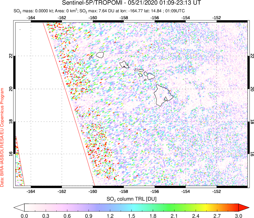 A sulfur dioxide image over Hawaii, USA on May 21, 2020.