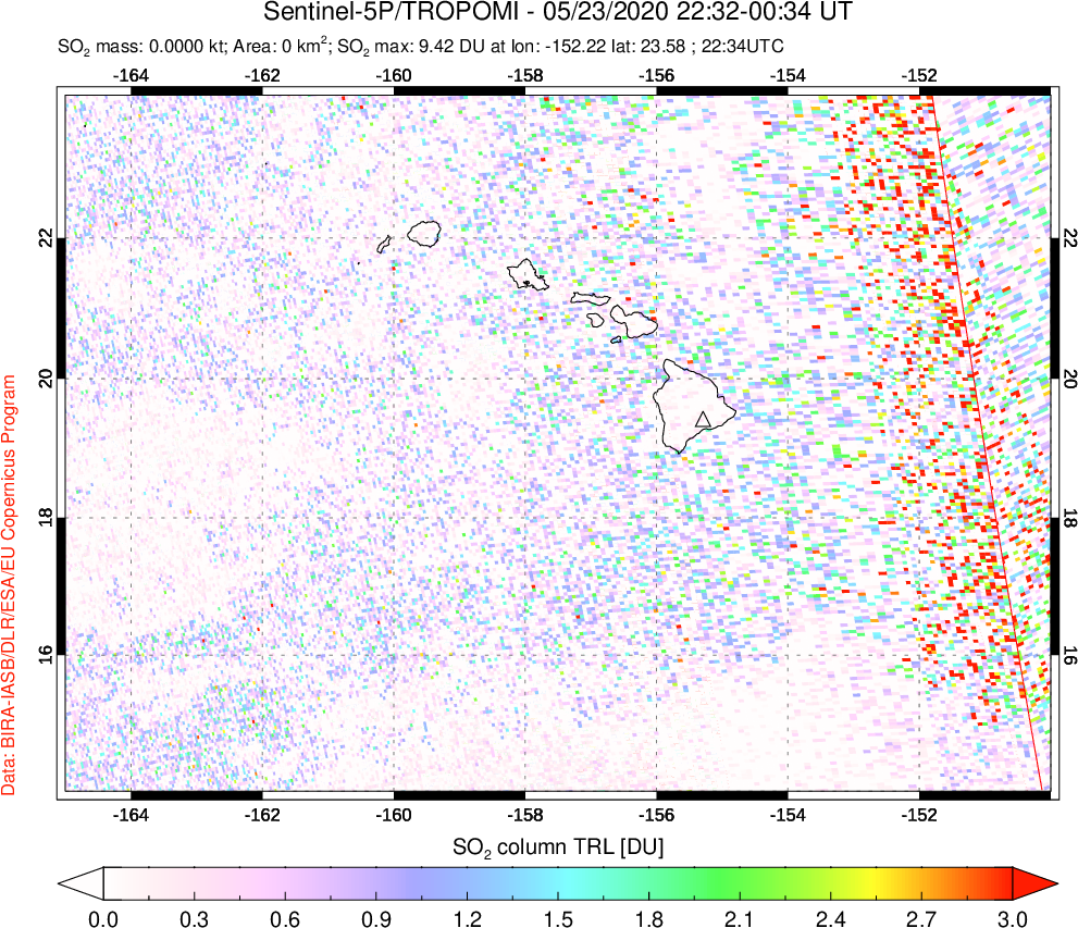 A sulfur dioxide image over Hawaii, USA on May 23, 2020.