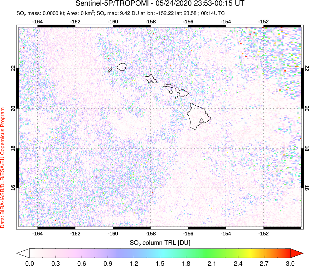 A sulfur dioxide image over Hawaii, USA on May 24, 2020.