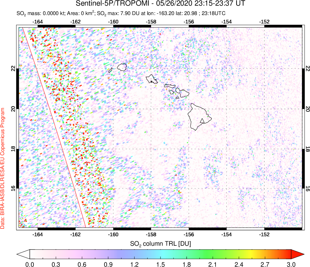 A sulfur dioxide image over Hawaii, USA on May 26, 2020.