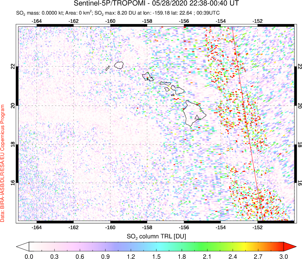 A sulfur dioxide image over Hawaii, USA on May 28, 2020.