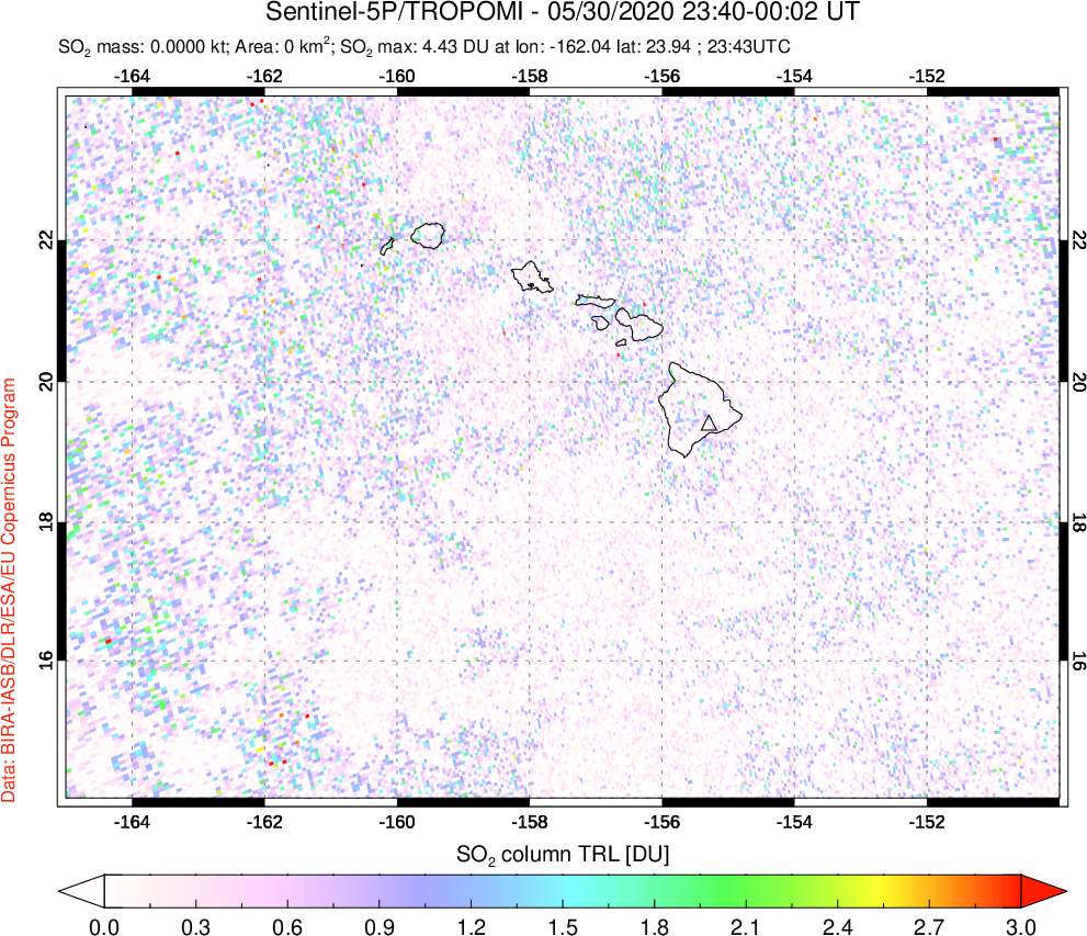 A sulfur dioxide image over Hawaii, USA on May 30, 2020.