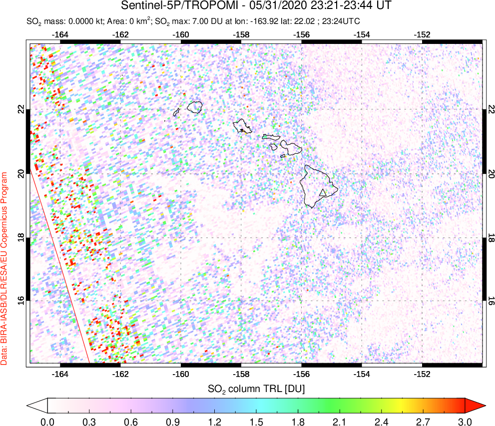 A sulfur dioxide image over Hawaii, USA on May 31, 2020.
