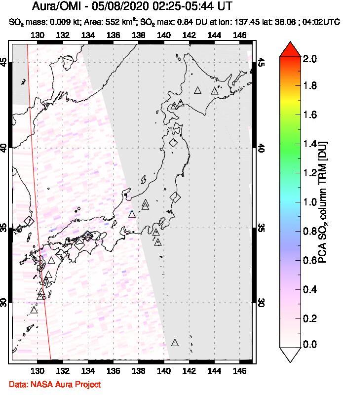 A sulfur dioxide image over Japan on May 08, 2020.