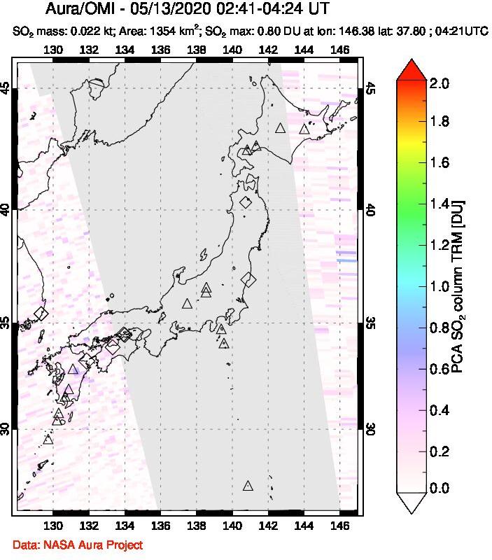 A sulfur dioxide image over Japan on May 13, 2020.