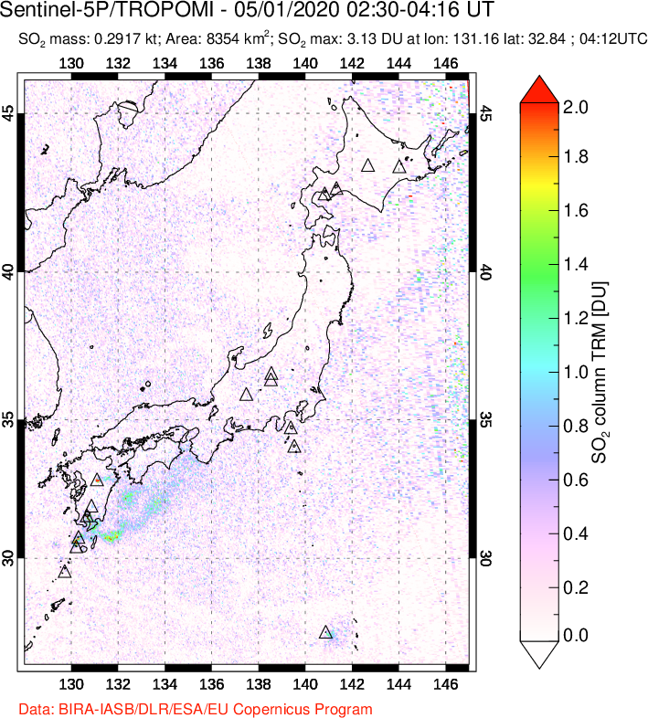A sulfur dioxide image over Japan on May 01, 2020.