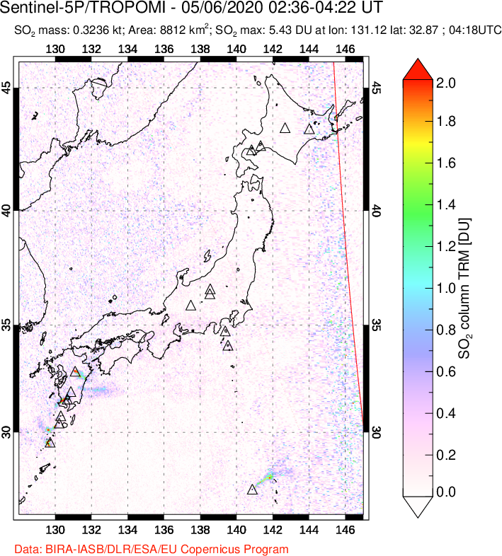 A sulfur dioxide image over Japan on May 06, 2020.