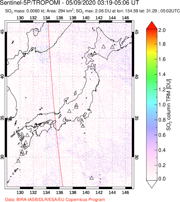 A sulfur dioxide image over Japan on May 09, 2020.