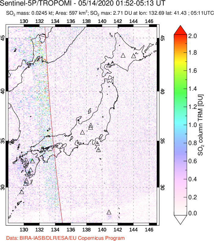 A sulfur dioxide image over Japan on May 14, 2020.