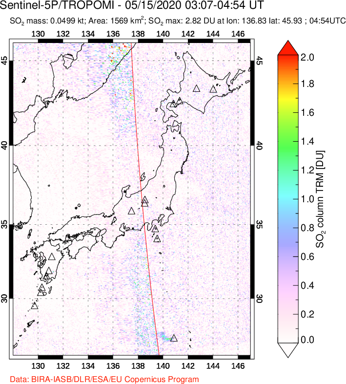 A sulfur dioxide image over Japan on May 15, 2020.