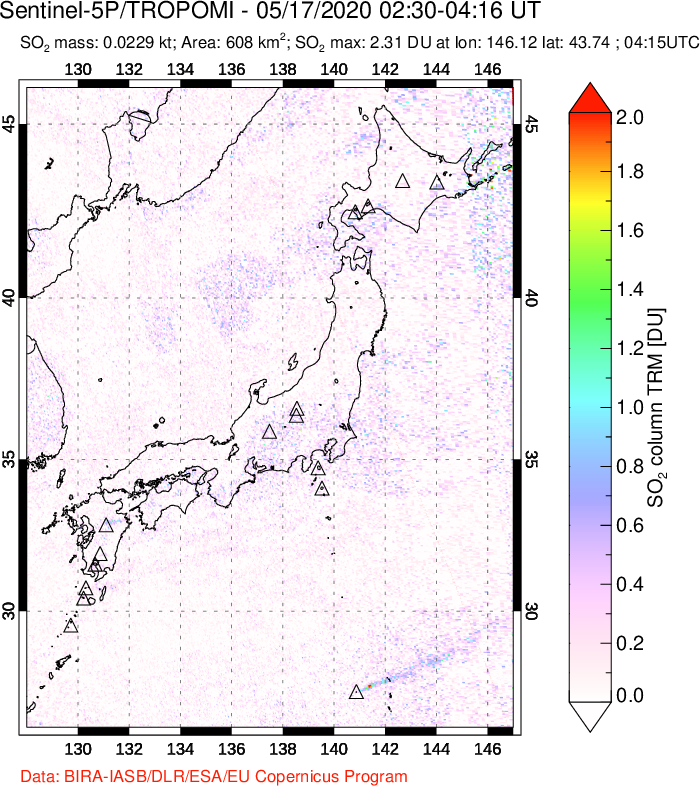 A sulfur dioxide image over Japan on May 17, 2020.