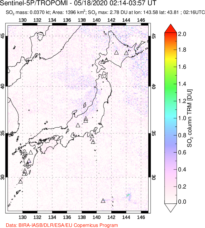 A sulfur dioxide image over Japan on May 18, 2020.