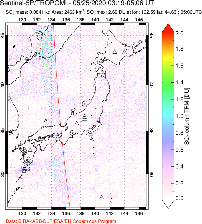A sulfur dioxide image over Japan on May 25, 2020.