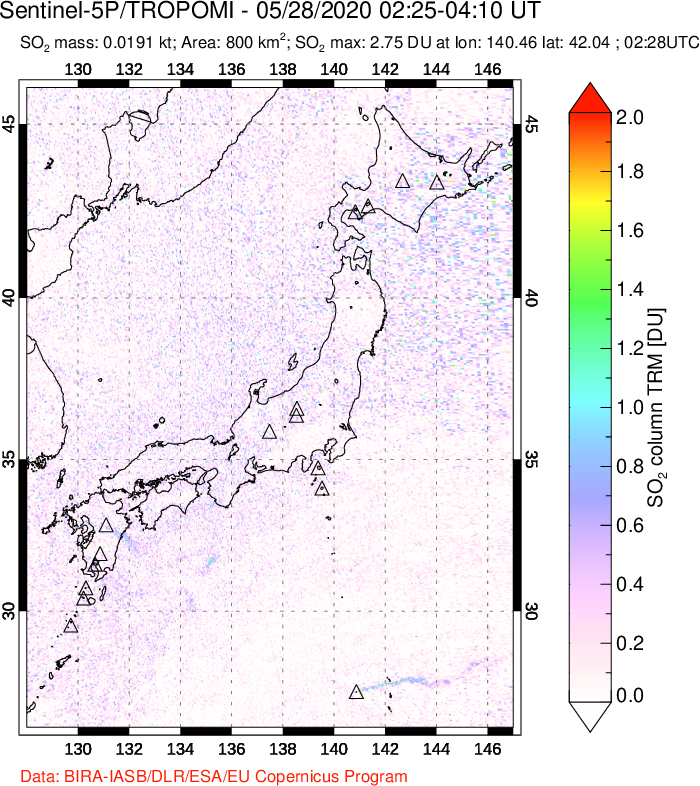 A sulfur dioxide image over Japan on May 28, 2020.