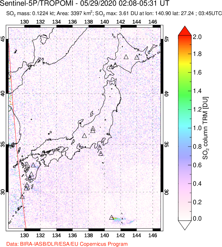 A sulfur dioxide image over Japan on May 29, 2020.