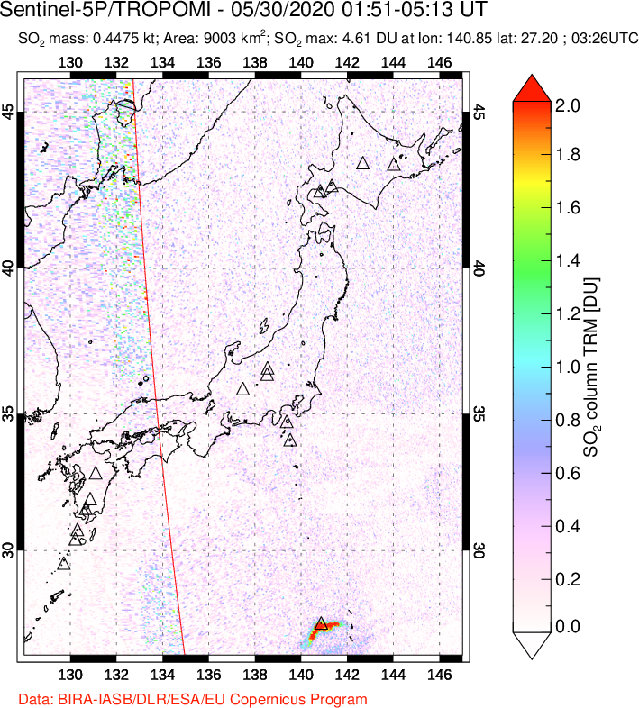 A sulfur dioxide image over Japan on May 30, 2020.