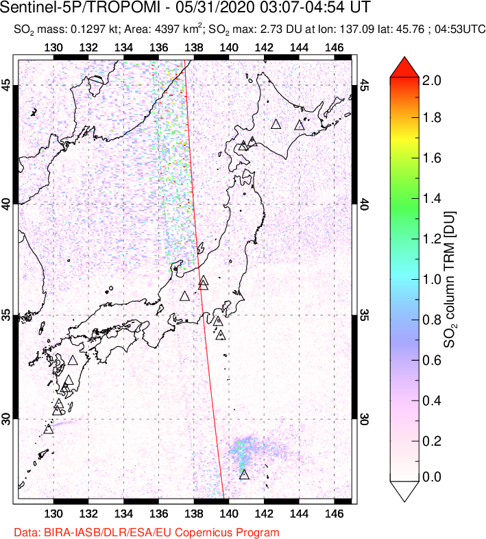 A sulfur dioxide image over Japan on May 31, 2020.