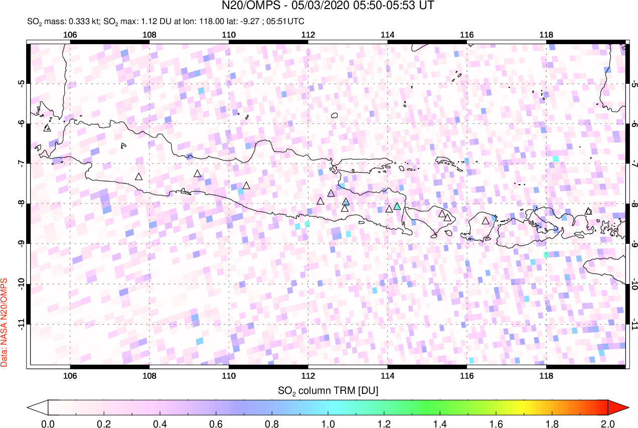 A sulfur dioxide image over Java, Indonesia on May 03, 2020.