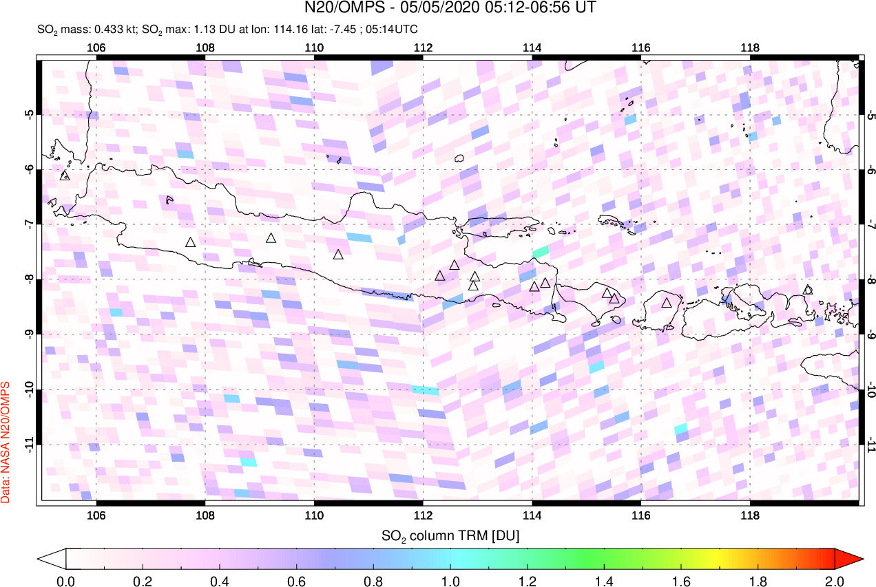 A sulfur dioxide image over Java, Indonesia on May 05, 2020.