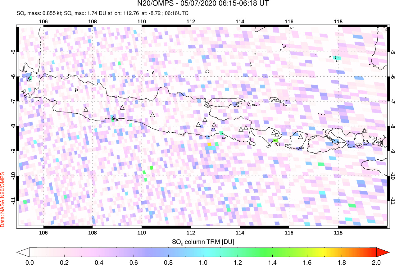 A sulfur dioxide image over Java, Indonesia on May 07, 2020.