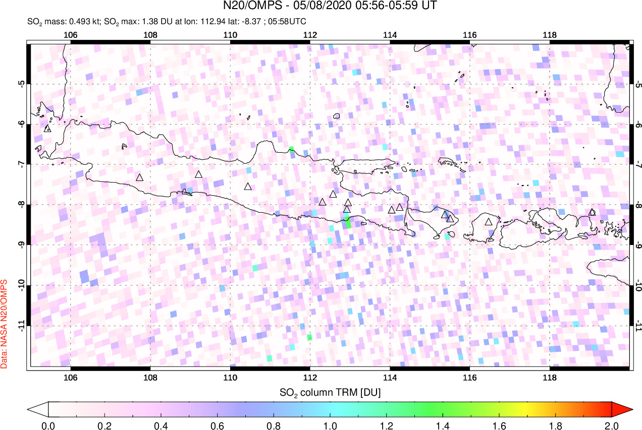 A sulfur dioxide image over Java, Indonesia on May 08, 2020.