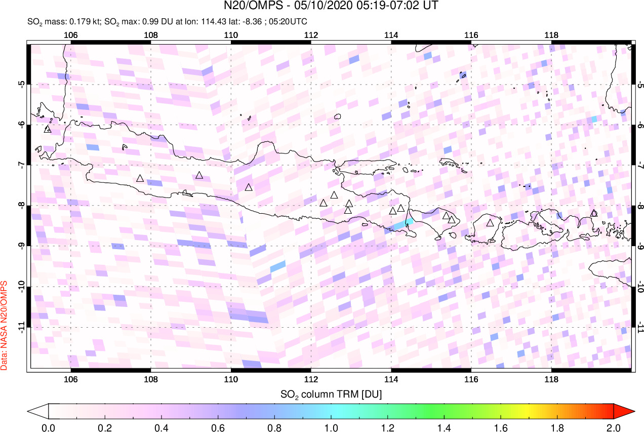 A sulfur dioxide image over Java, Indonesia on May 10, 2020.