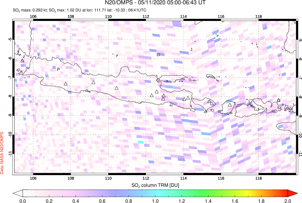 A sulfur dioxide image over Java, Indonesia on May 11, 2020.