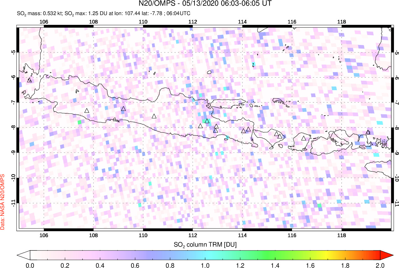 A sulfur dioxide image over Java, Indonesia on May 13, 2020.