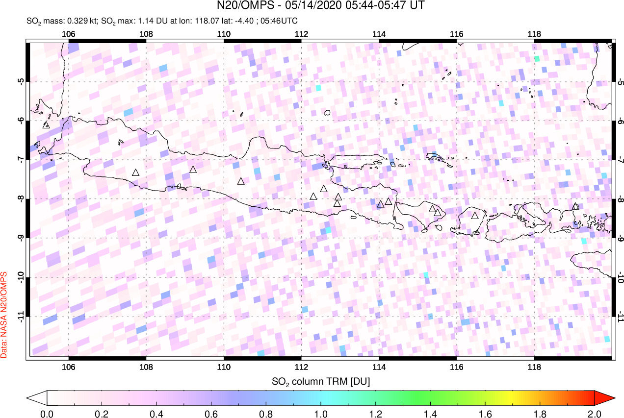 A sulfur dioxide image over Java, Indonesia on May 14, 2020.
