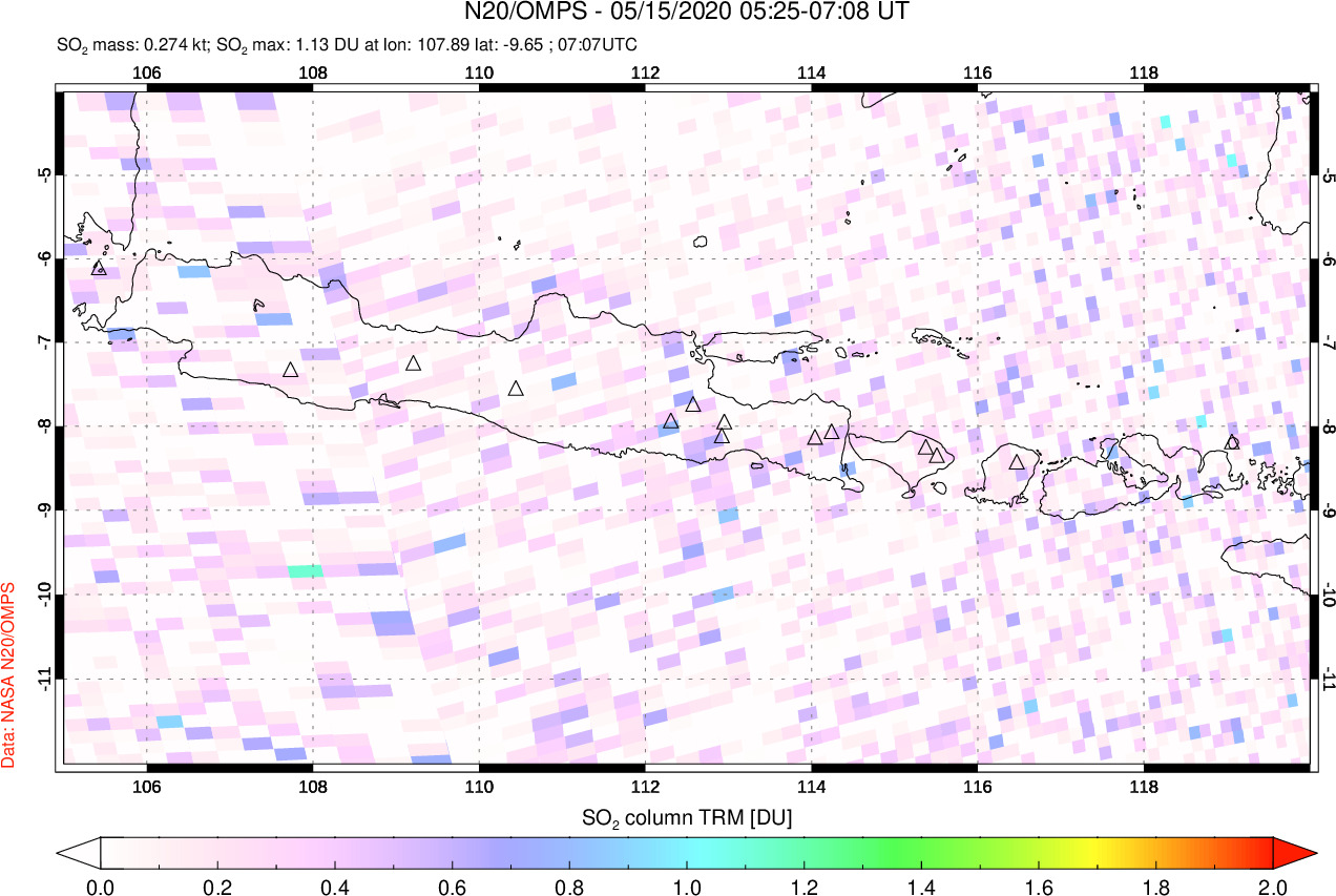 A sulfur dioxide image over Java, Indonesia on May 15, 2020.