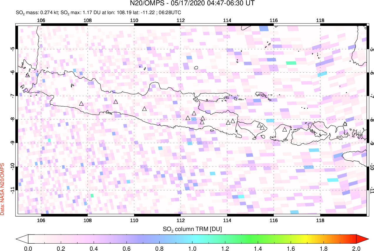 A sulfur dioxide image over Java, Indonesia on May 17, 2020.