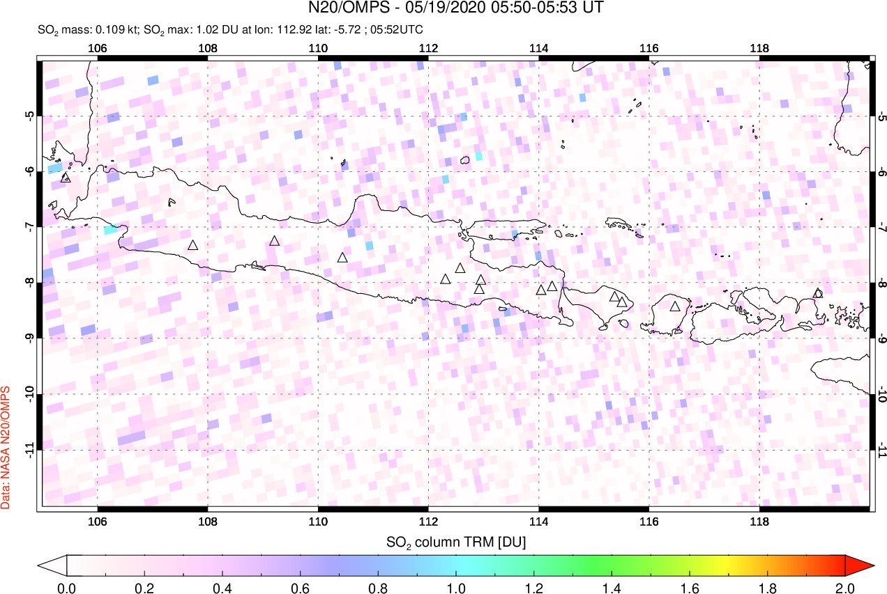 A sulfur dioxide image over Java, Indonesia on May 19, 2020.