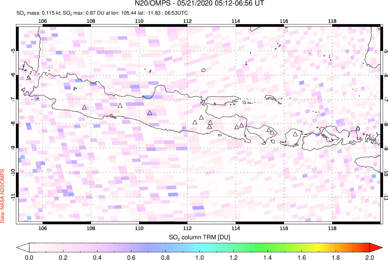 A sulfur dioxide image over Java, Indonesia on May 21, 2020.