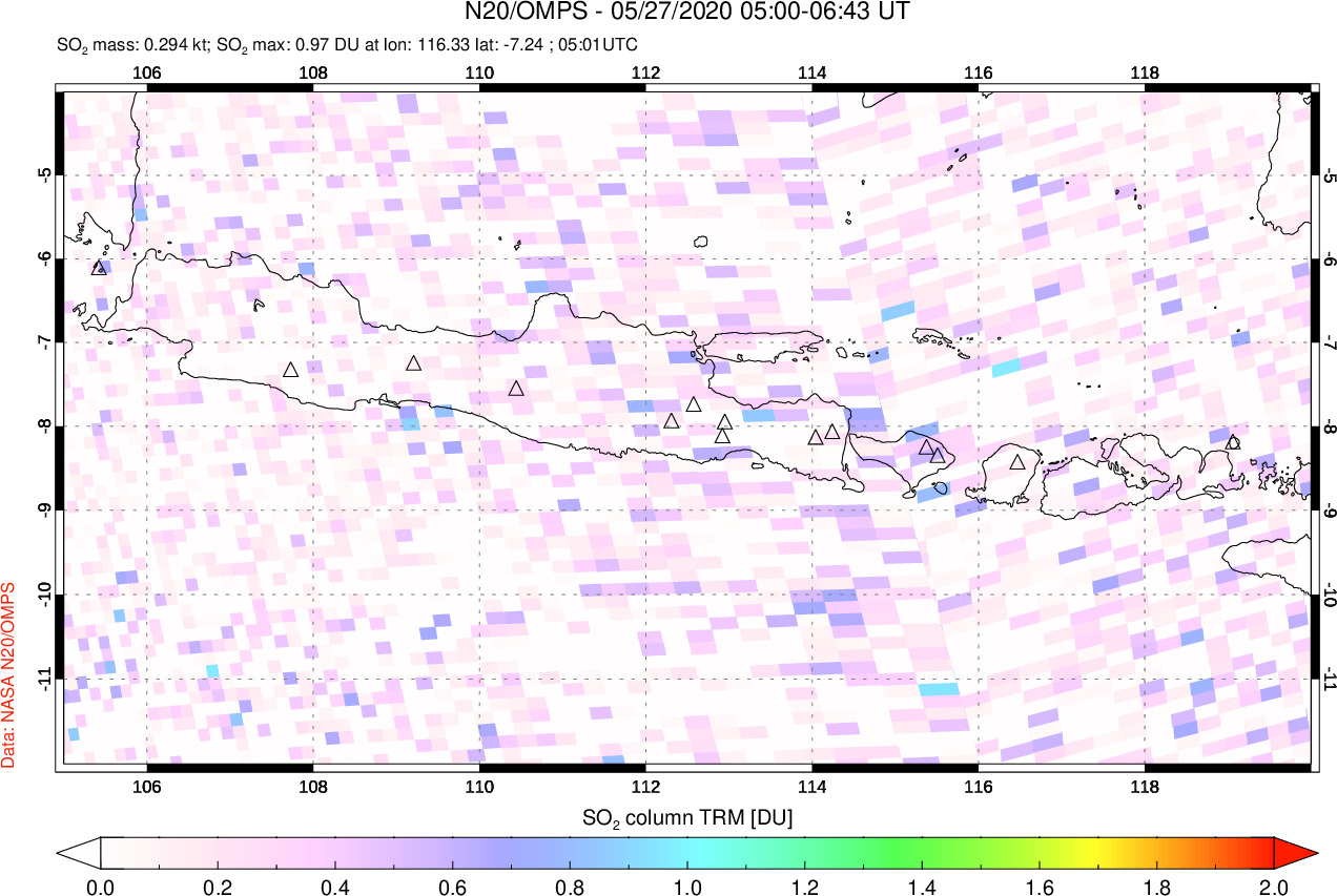 A sulfur dioxide image over Java, Indonesia on May 27, 2020.