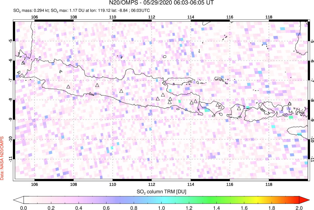 A sulfur dioxide image over Java, Indonesia on May 29, 2020.